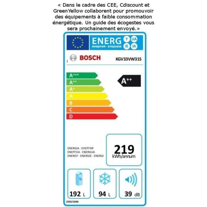 Réfrigérateur congélateur bas – 286L (192+94) – Froid brassé low frost – A++ – L 60cm x H 176cm – Blanc BOSCH KGV33VW31S – – Image 3