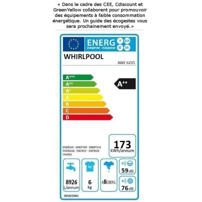 WHIRLPOOL AWE6215 – Lave linge – 6 Kg – 1200 T/min – A++ – Image 4